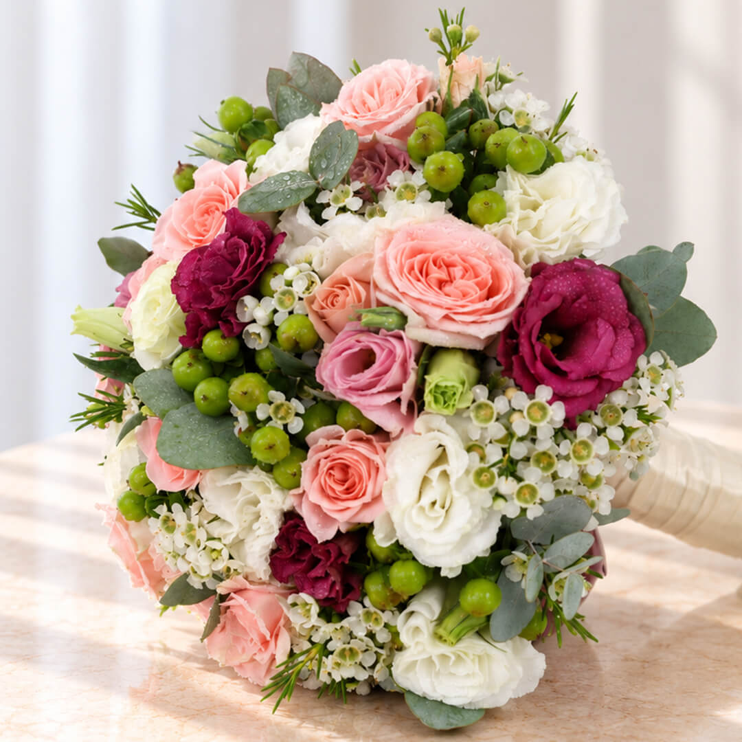 Mixed flower bridal bouquet featuring fresh Eustoma, roses, and eucalyptus