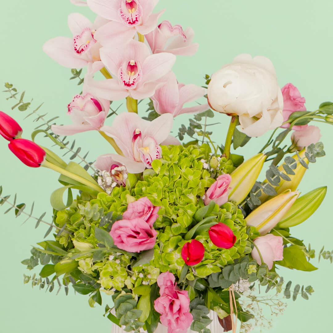 Assorted ceramic flower vase with hydrangea, peony, roses, tulips and lilies
