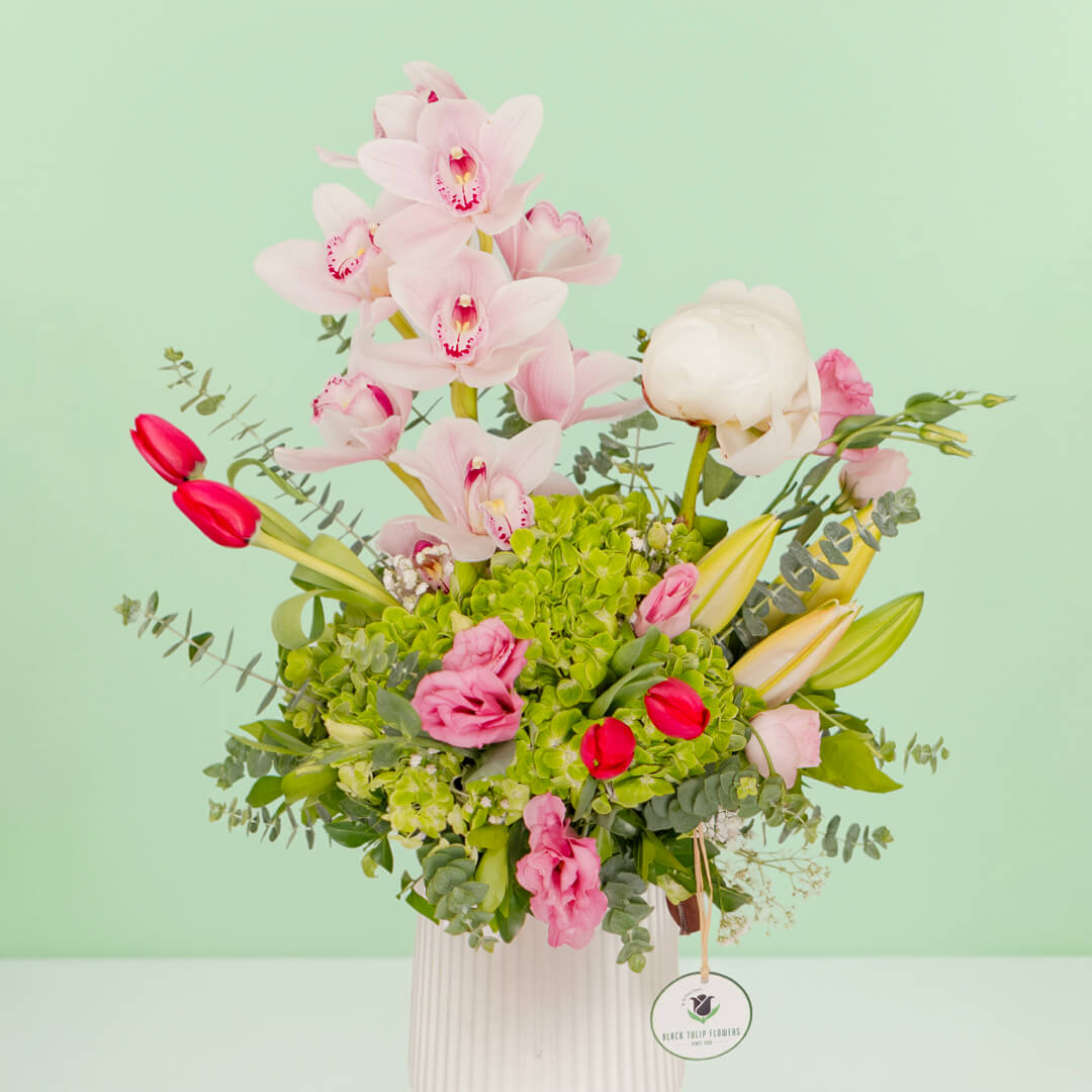 Assorted ceramic flower vase with hydrangea, peony, roses, tulips and lilies
