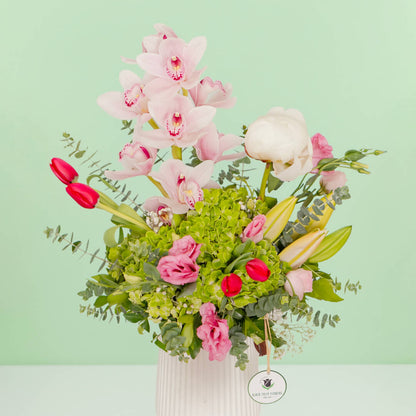 Assorted ceramic flower vase with hydrangea, peony, roses, tulips and lilies
