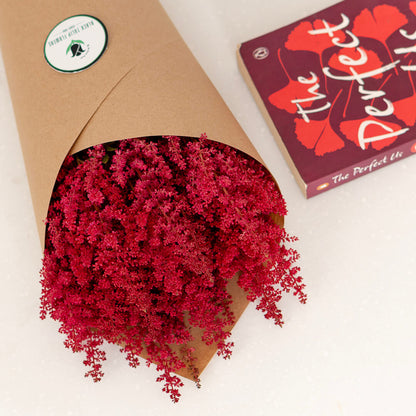 Fresh Astilbe cut flowers neatly arranged in brown paper wrapping