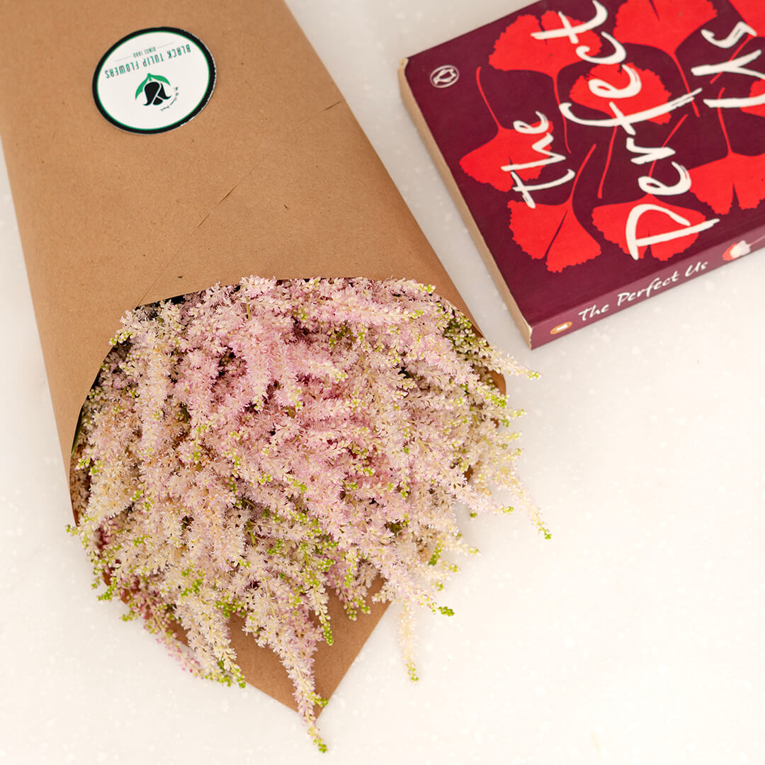Fresh Astilbe cut flowers neatly arranged in brown paper wrapping
