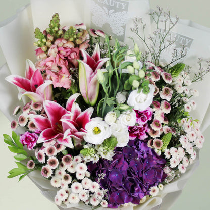 Beautiful Moments lily and hydrangea bouquet with fresh white lilies and hydrangea flowers