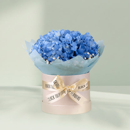 Blue Hydrangea and white Gypsophila flower box arrangement for elegant special occasion gifting