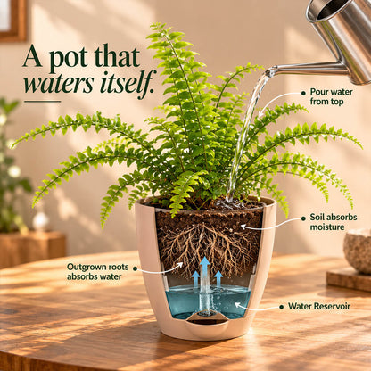 Feathery green boston fern houseplant planted in a 5-inch plastic pot.