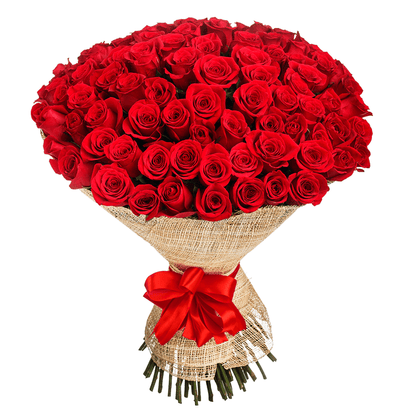 50 red roses bouquet wrapped in natural jute and finished with a red ribbon
