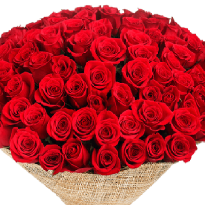 50 red roses bouquet wrapped in natural jute and finished with a red ribbon
