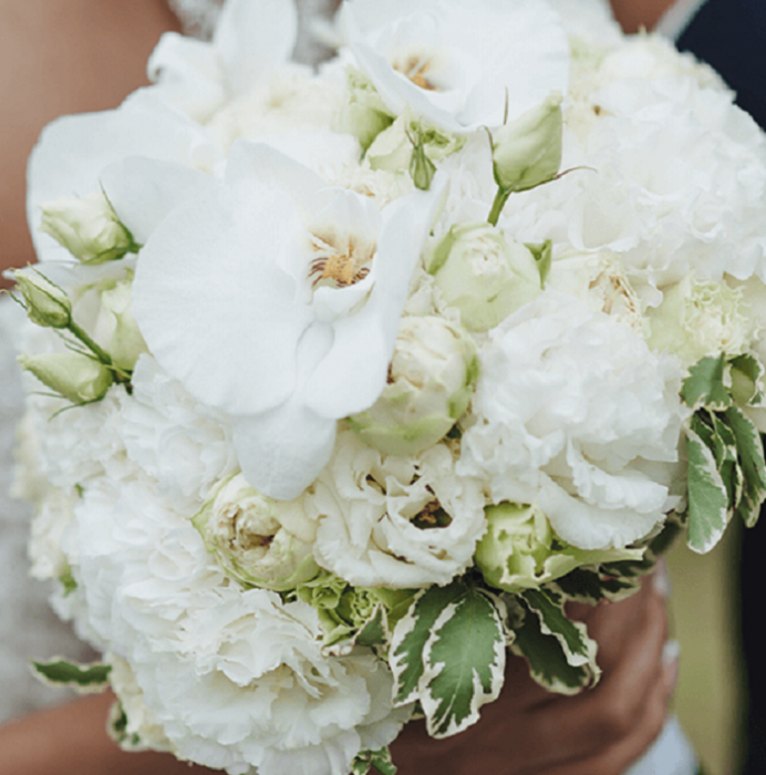 A rounded style bridal bouquet of white Phalaenopsis orchids, roses, seasonal flowers and variegated greenery.