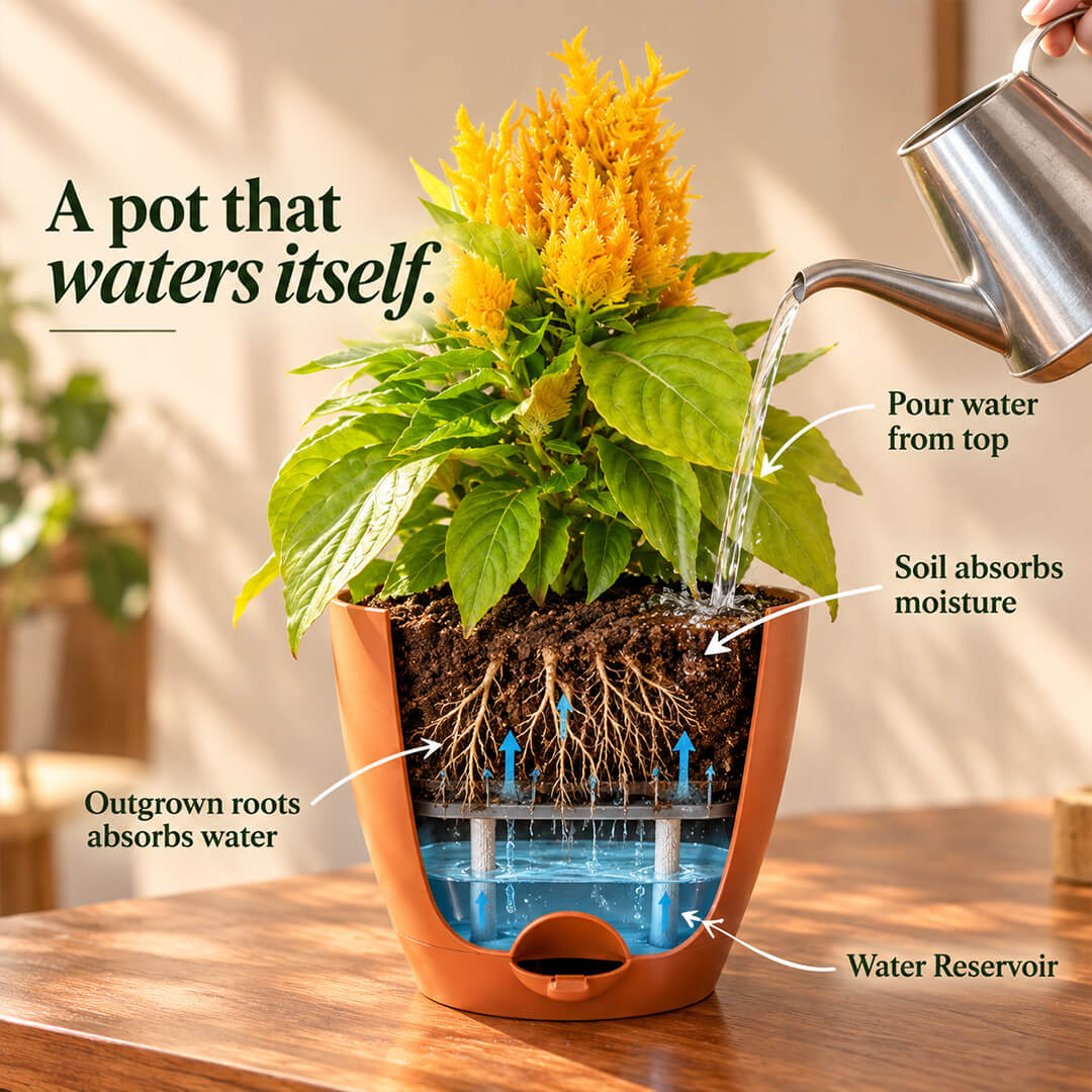 Vibrant yellow celosia plant with textured foliage in a 7-inch plastic pot.