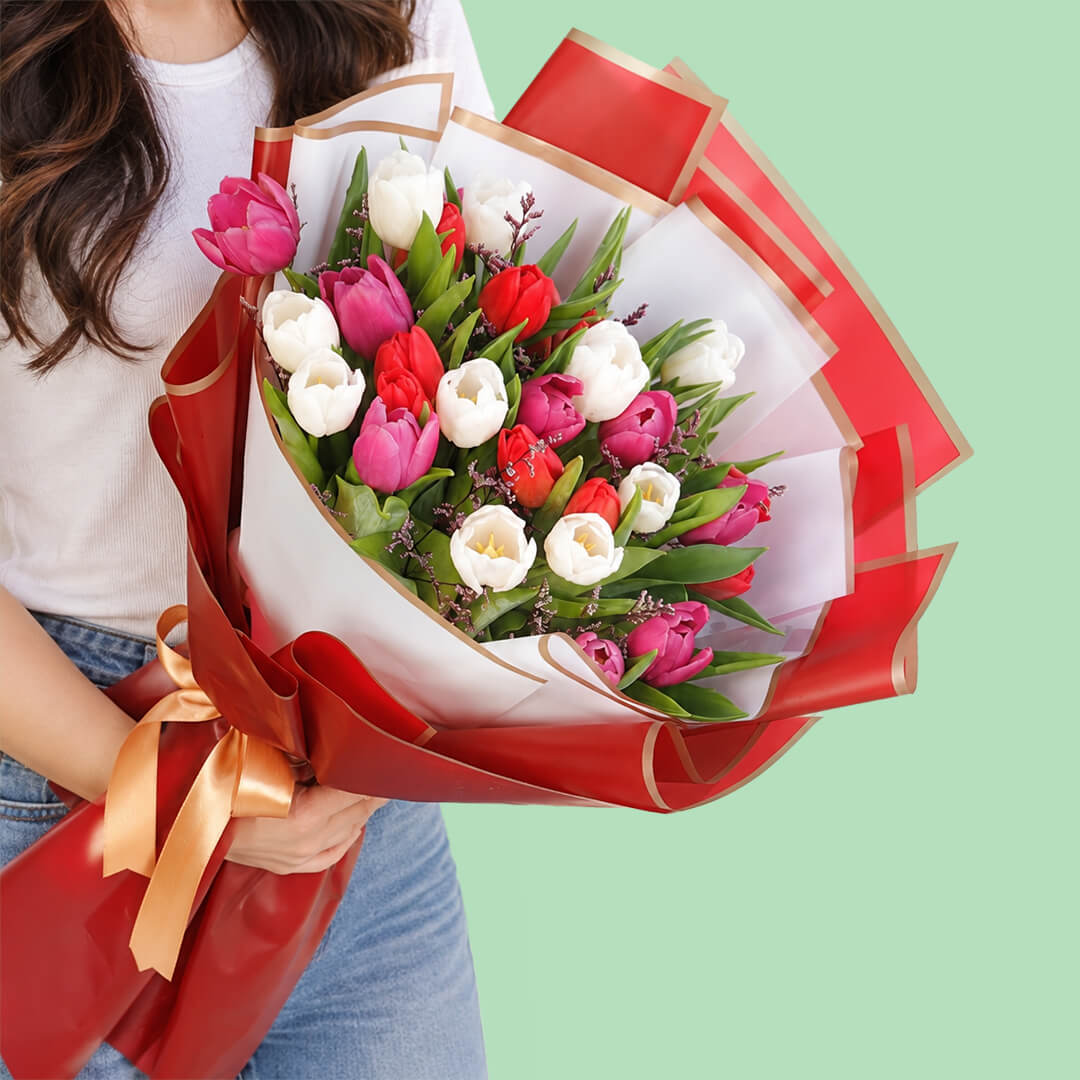 Colourful tulip bouquet with layered Korean-style wrapping