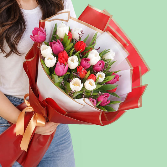 Colourful tulip bouquet with layered Korean-style wrapping
