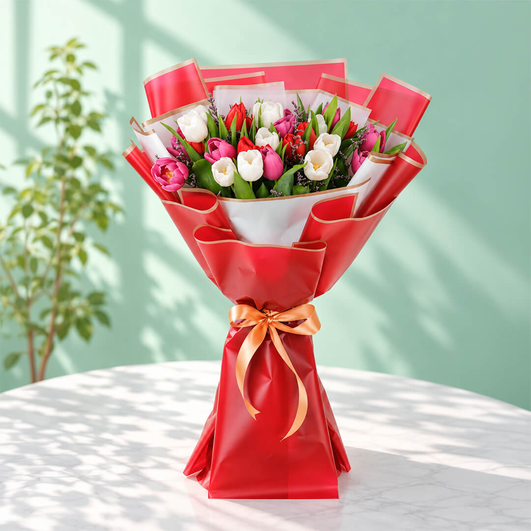 Colourful tulip bouquet with layered Korean-style wrapping