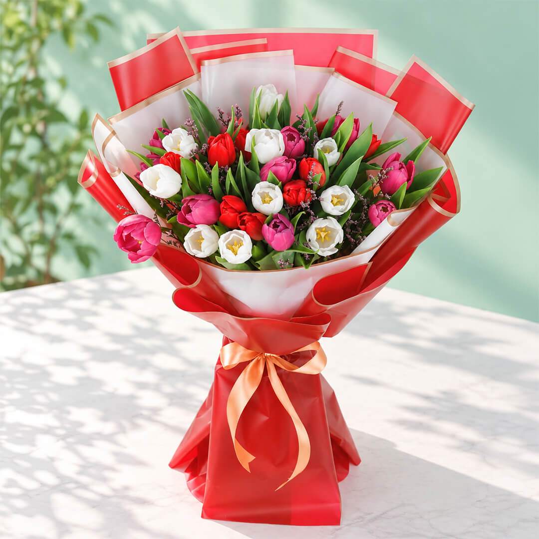 Colourful tulip bouquet with layered Korean-style wrapping