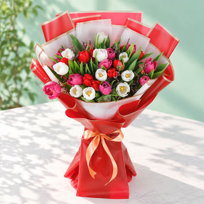 Colourful tulip bouquet with layered Korean-style wrapping
