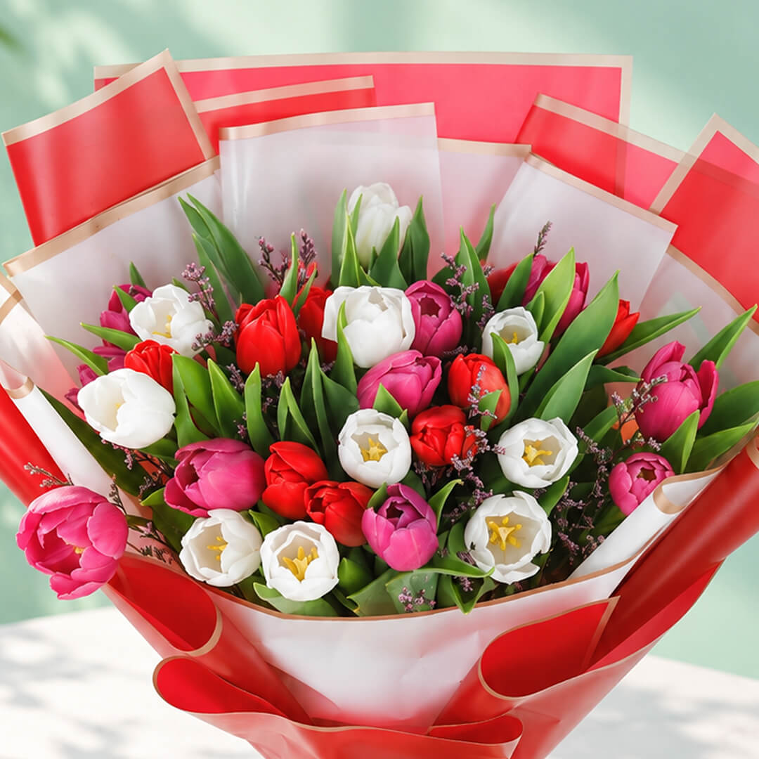 Colourful tulip bouquet with layered Korean-style wrapping