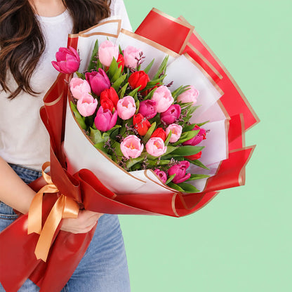 Colourful tulip bouquet with layered Korean-style wrapping