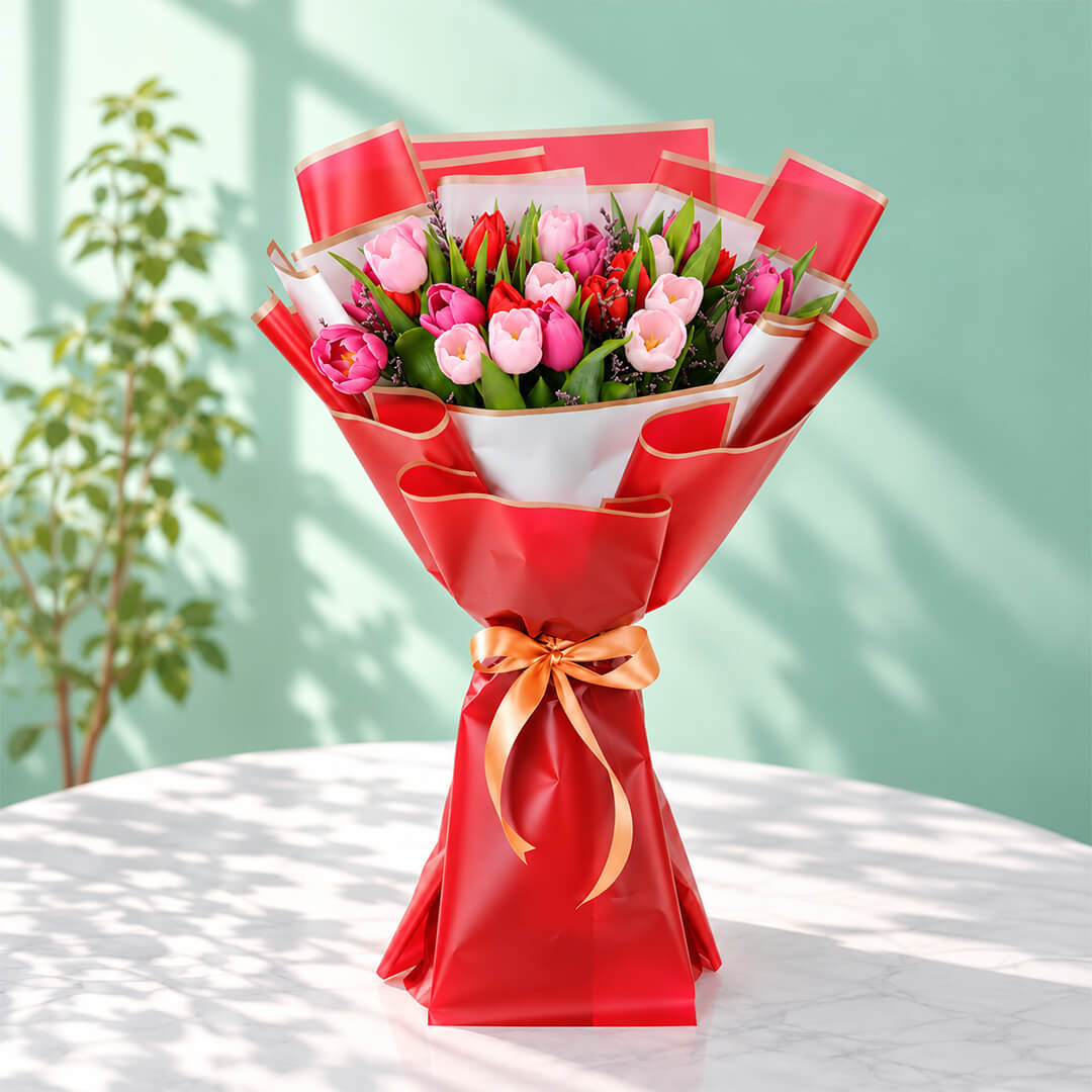 Colourful tulip bouquet with layered Korean-style wrapping