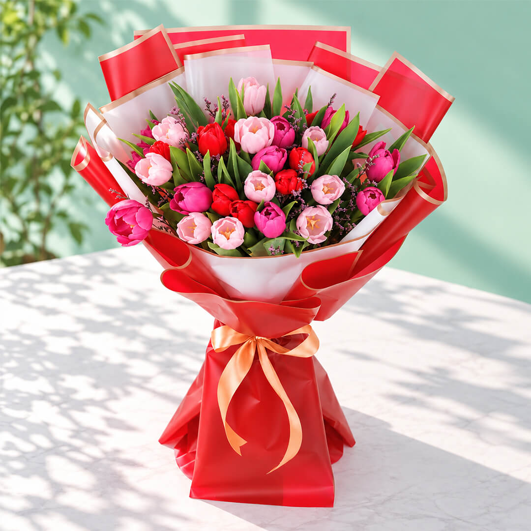 Colourful tulip bouquet with layered Korean-style wrapping