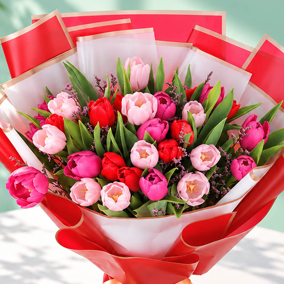 Colourful tulip bouquet with layered Korean-style wrapping
