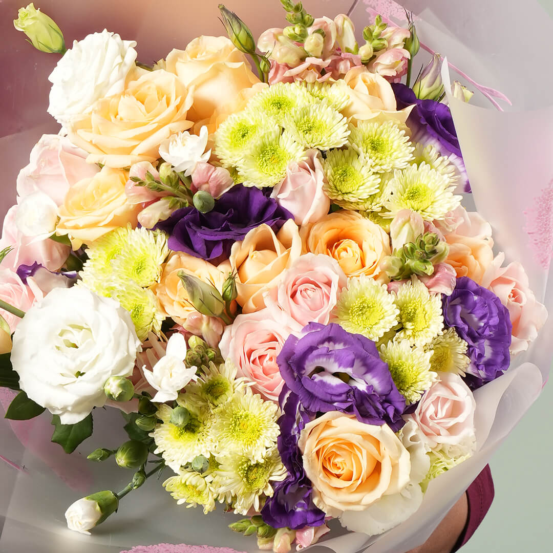 Colour Burst Floral Symphony Bouquet with fresh assorted Chrysanthemums, Carnations, Eustoma and Snapdragons