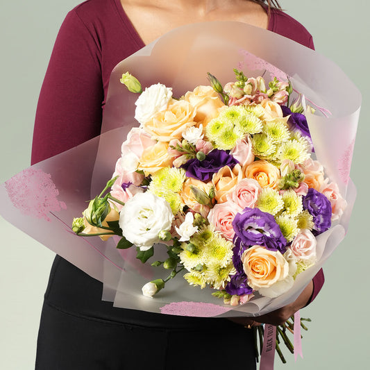 Colour Burst Floral Symphony Bouquet with fresh assorted Chrysanthemums, Carnations, Eustoma and Snapdragons