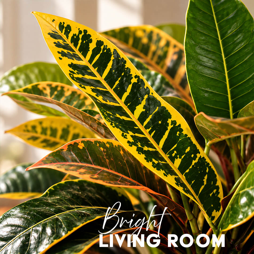 Vibrant green and multicolored croton plant leaves planted in a 5-inch plastic pot.