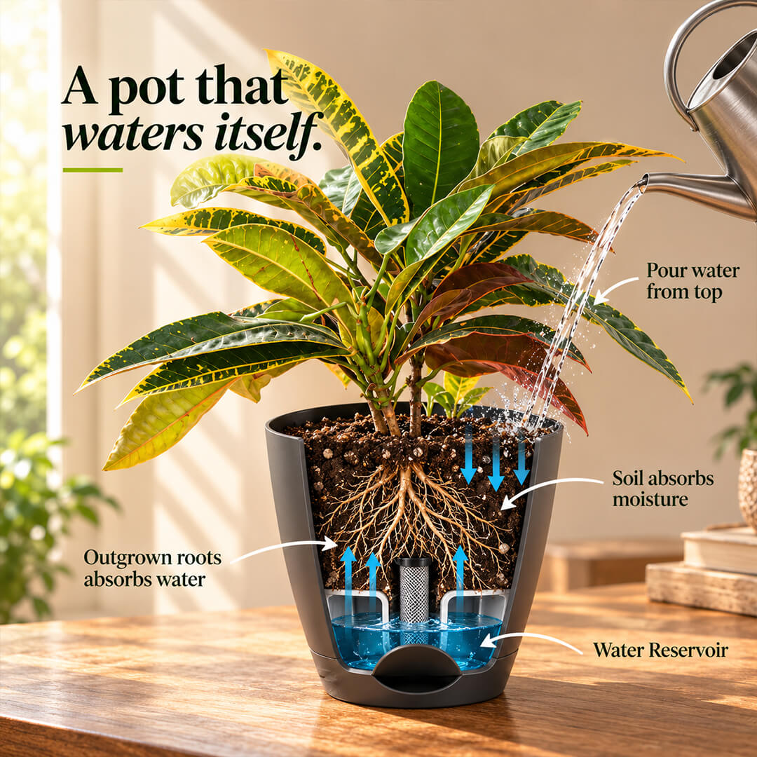 Vibrant green and multicolored croton plant leaves planted in a 5-inch plastic pot.