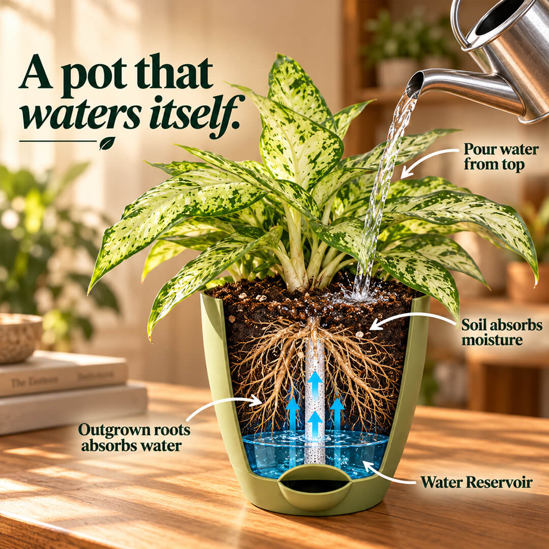 Patterned green dieffenbachia houseplant growing in a 5-inch plastic pot.