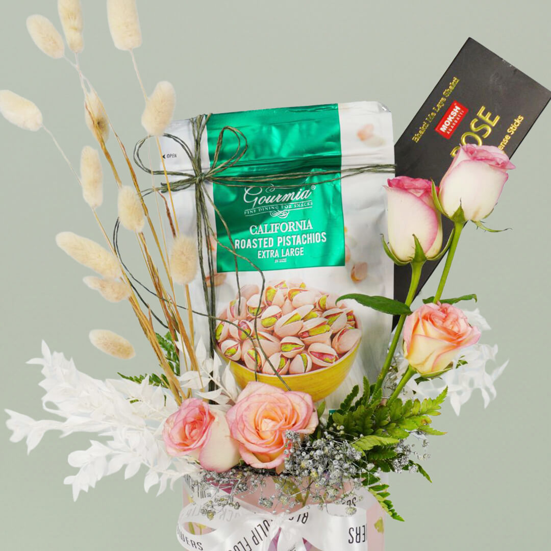 Diwali Bounty hamper with roses, dried flowers, pistachios and festive Moksh agarbati gifts