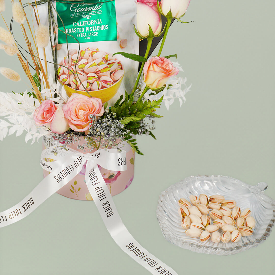 Diwali Bounty hamper with roses, dried flowers, pistachios and festive Moksh agarbati gifts