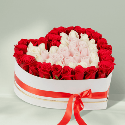 Mixed Roses Heart Box arranged with red, pink and white mixed roses