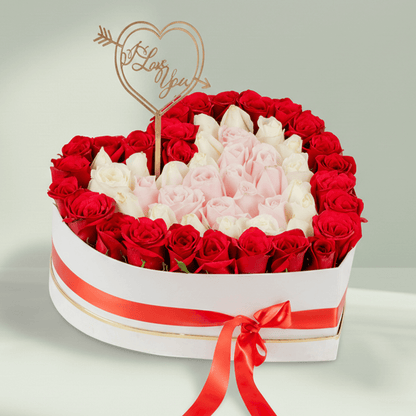 Mixed Roses Heart Box arranged with red, pink and white mixed roses
