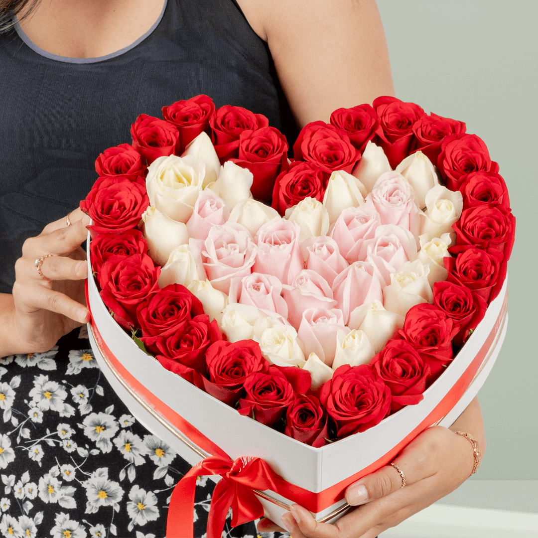 Mixed Roses Heart Box arranged with red, pink and white mixed roses