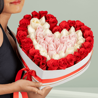 Mixed Roses Heart Box arranged with red, pink and white mixed roses