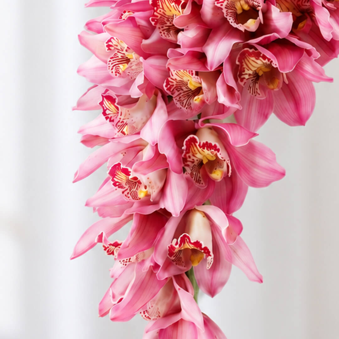 White and pink cymbidium orchid flowers arranged in a modern hand-tied minimalist design