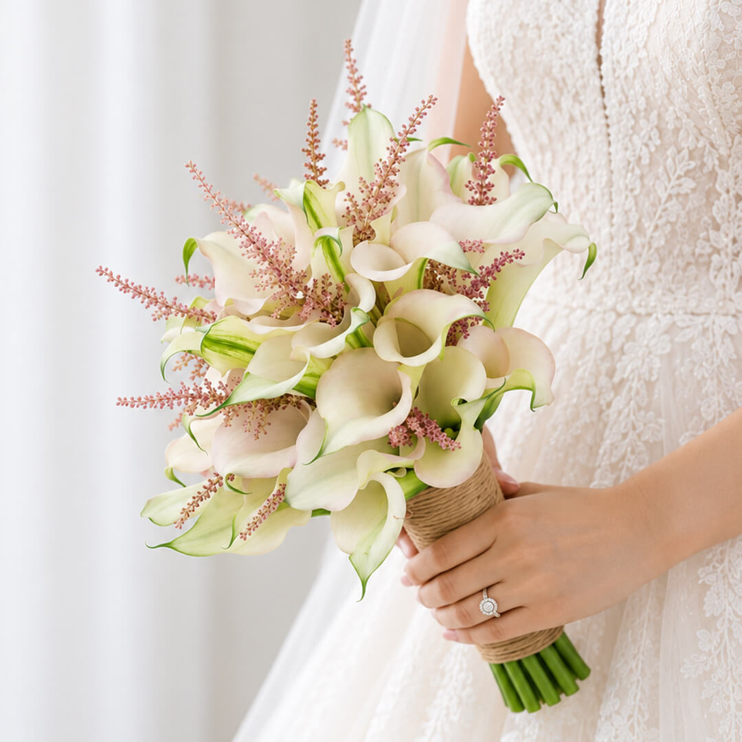 White Calla Lily and pink Astilbe bridal bouquet with two-tone blooms in a minimalist wrap