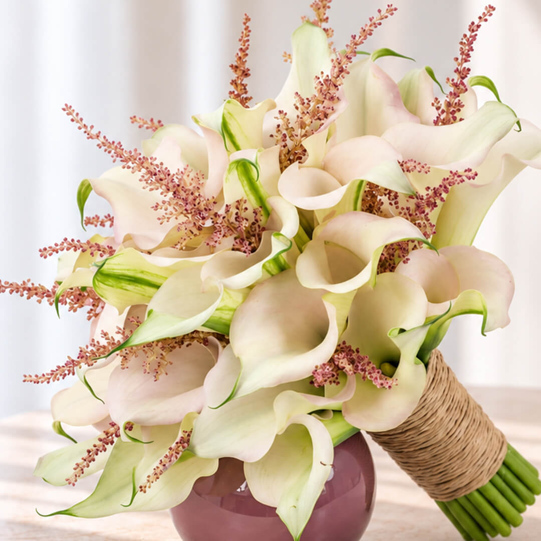 White Calla Lily and pink Astilbe bridal bouquet with two-tone blooms in a minimalist wrap