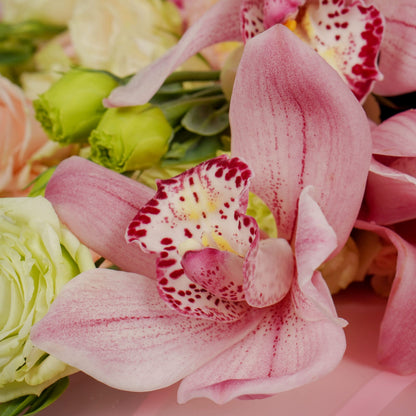 Luxury mixed flower bouquet with cymbidium, hydrangea, roses and Korean wrapping