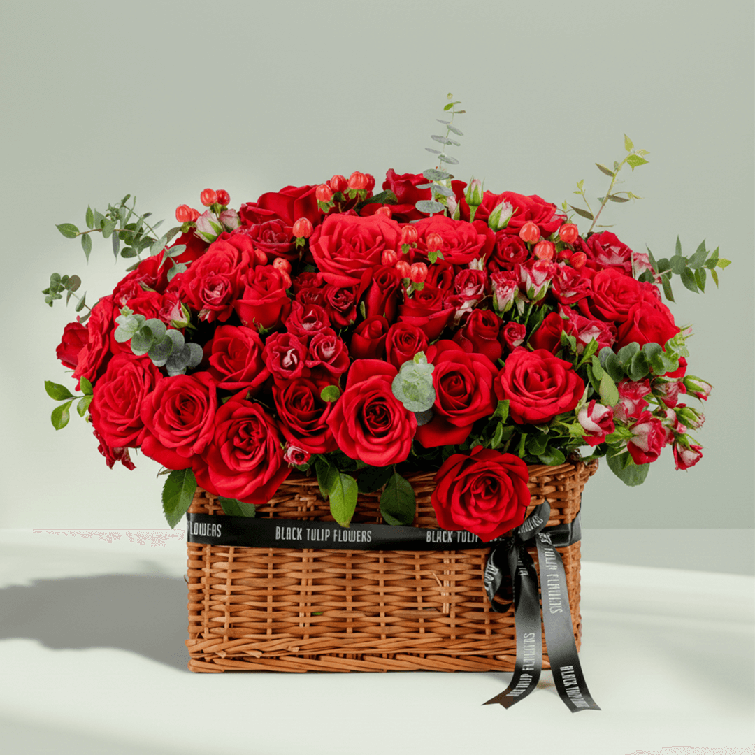 Crimson Grandeur Valentine basket with red roses spray roses hypericum and eucalyptus