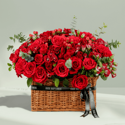 Crimson Grandeur Valentine basket with red roses spray roses hypericum and eucalyptus