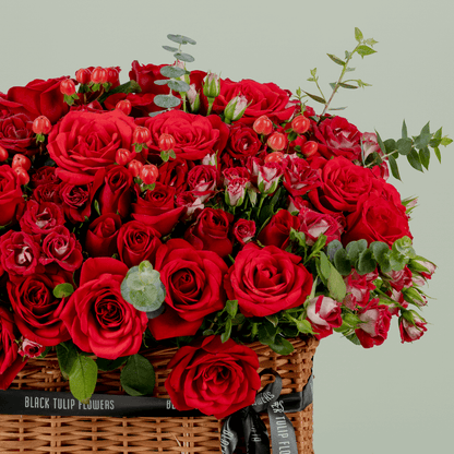 Crimson Grandeur Valentine basket with red roses spray roses hypericum and eucalyptus