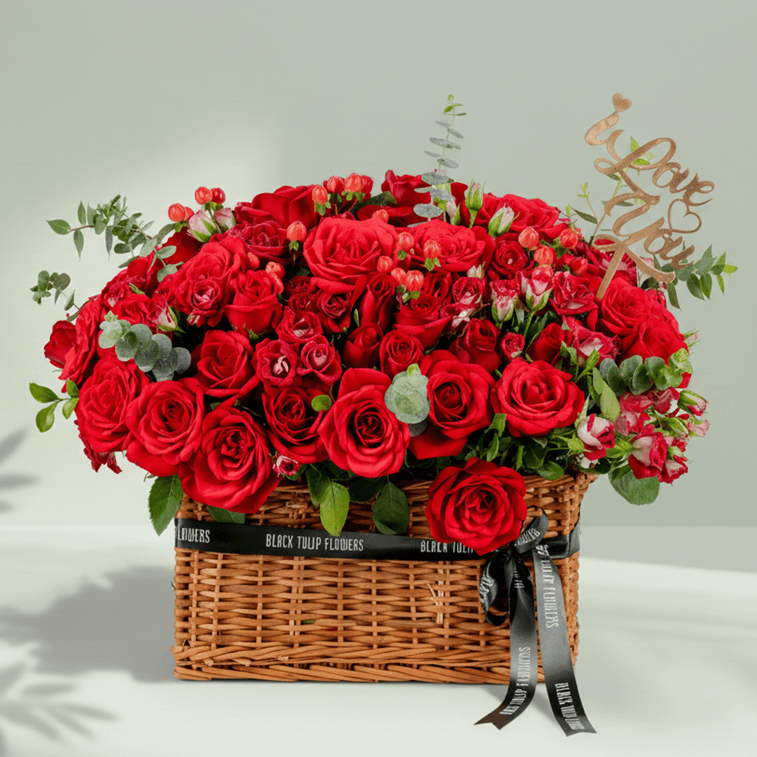 Crimson Grandeur Valentine basket with red roses spray roses hypericum and eucalyptus