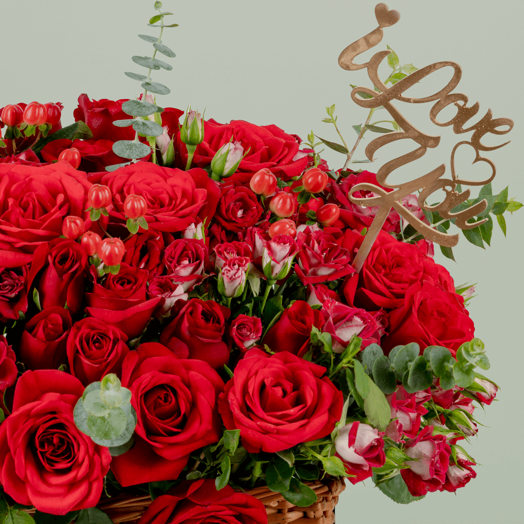Crimson Grandeur Valentine basket with red roses spray roses hypericum and eucalyptus