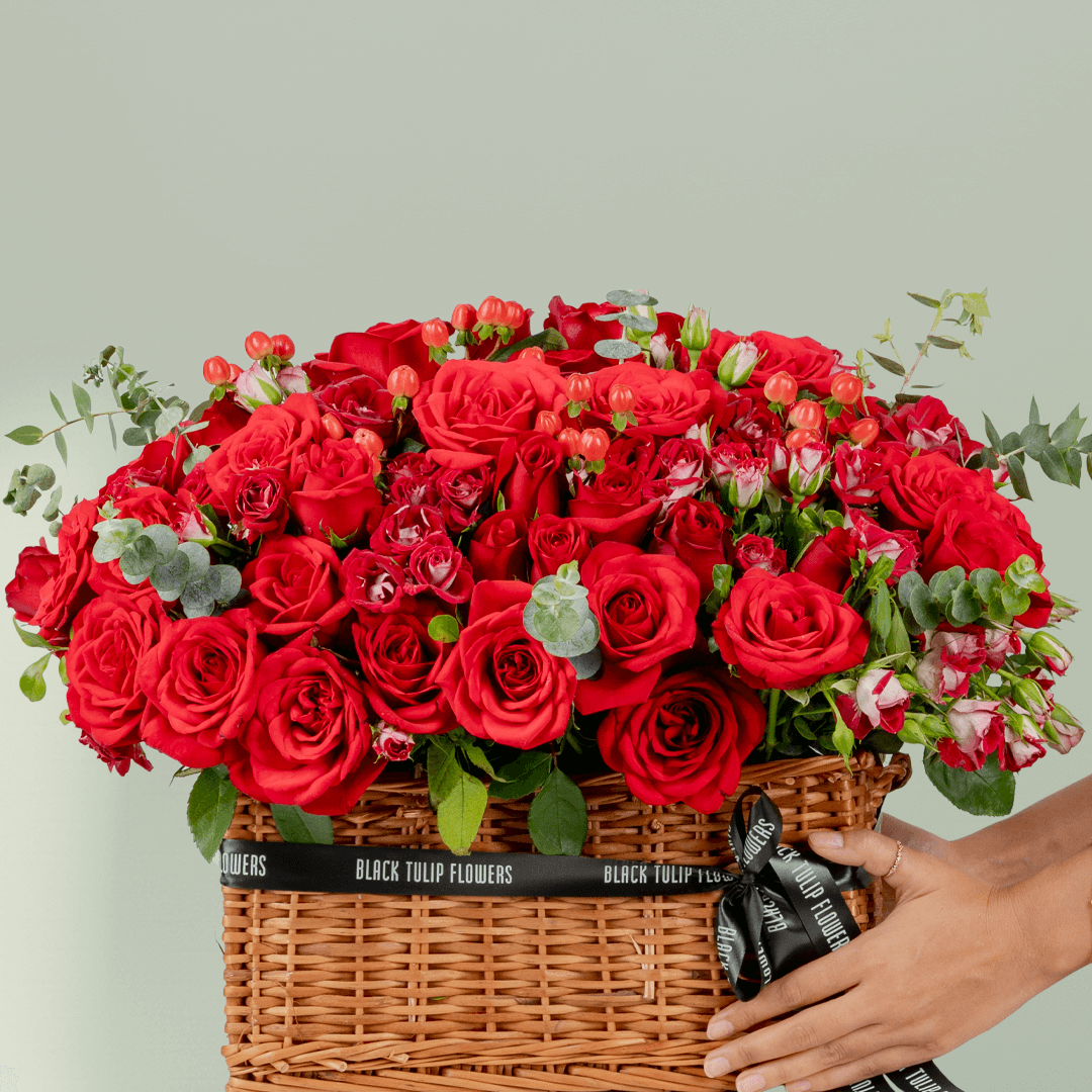 Crimson Grandeur Valentine basket with red roses spray roses hypericum and eucalyptus