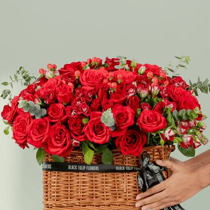 Crimson Grandeur Valentine basket with red roses spray roses hypericum and eucalyptus