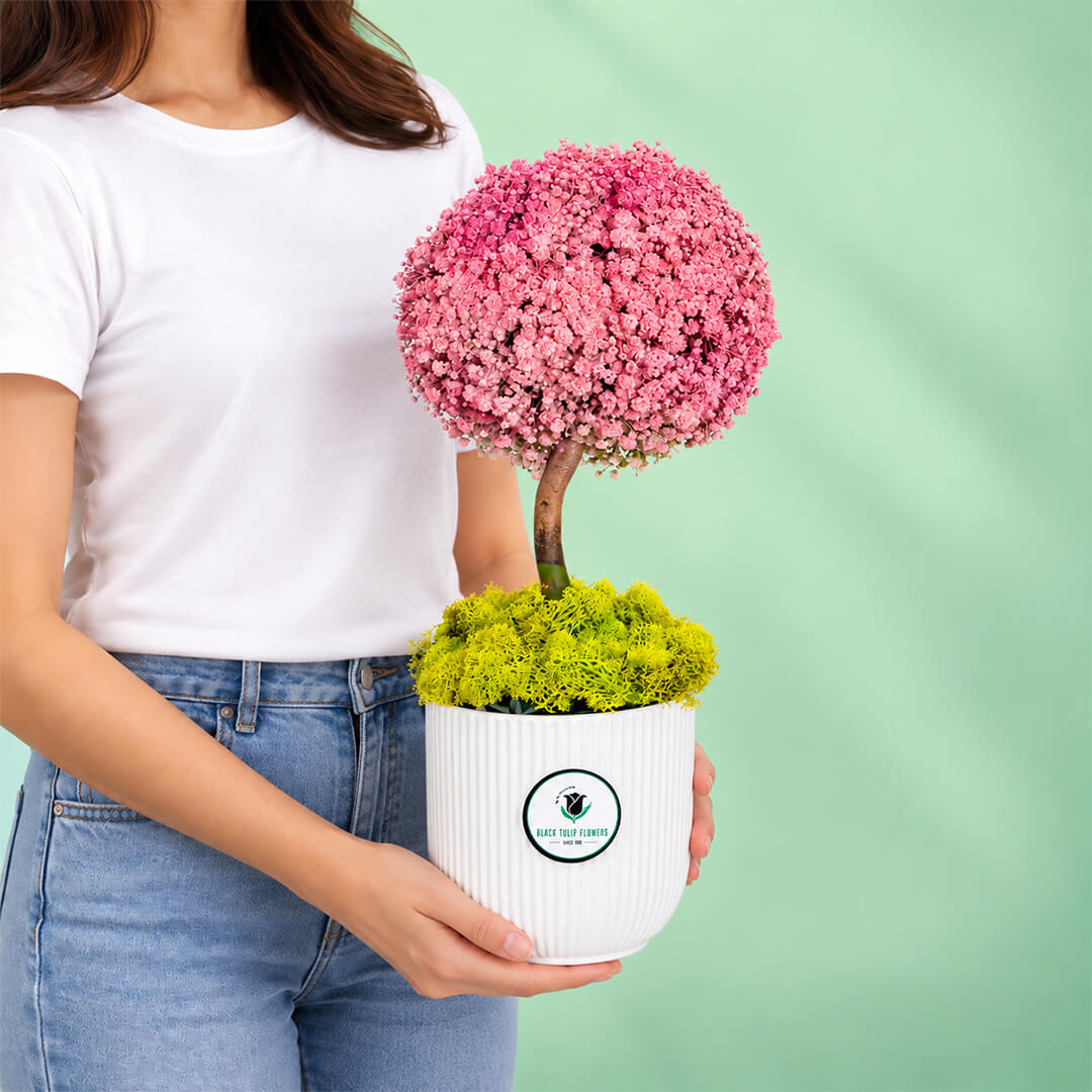 Gypso and green moses floral arrangement displayed in a ceramic vase