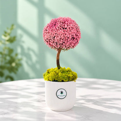 Gypso and green moses floral arrangement displayed in a ceramic vase