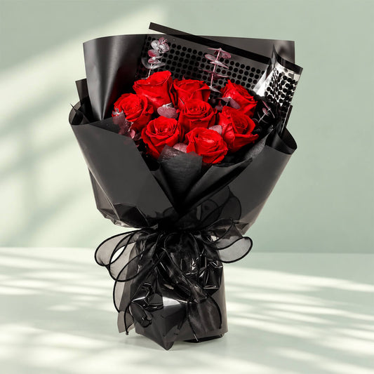 Love in Shadow preserved red rose bouquet with elegant black wrapping for romantic luxury flower gifting