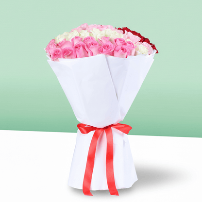 Love Mixed Roses Bouquet arranged with red, pink and white mixed roses