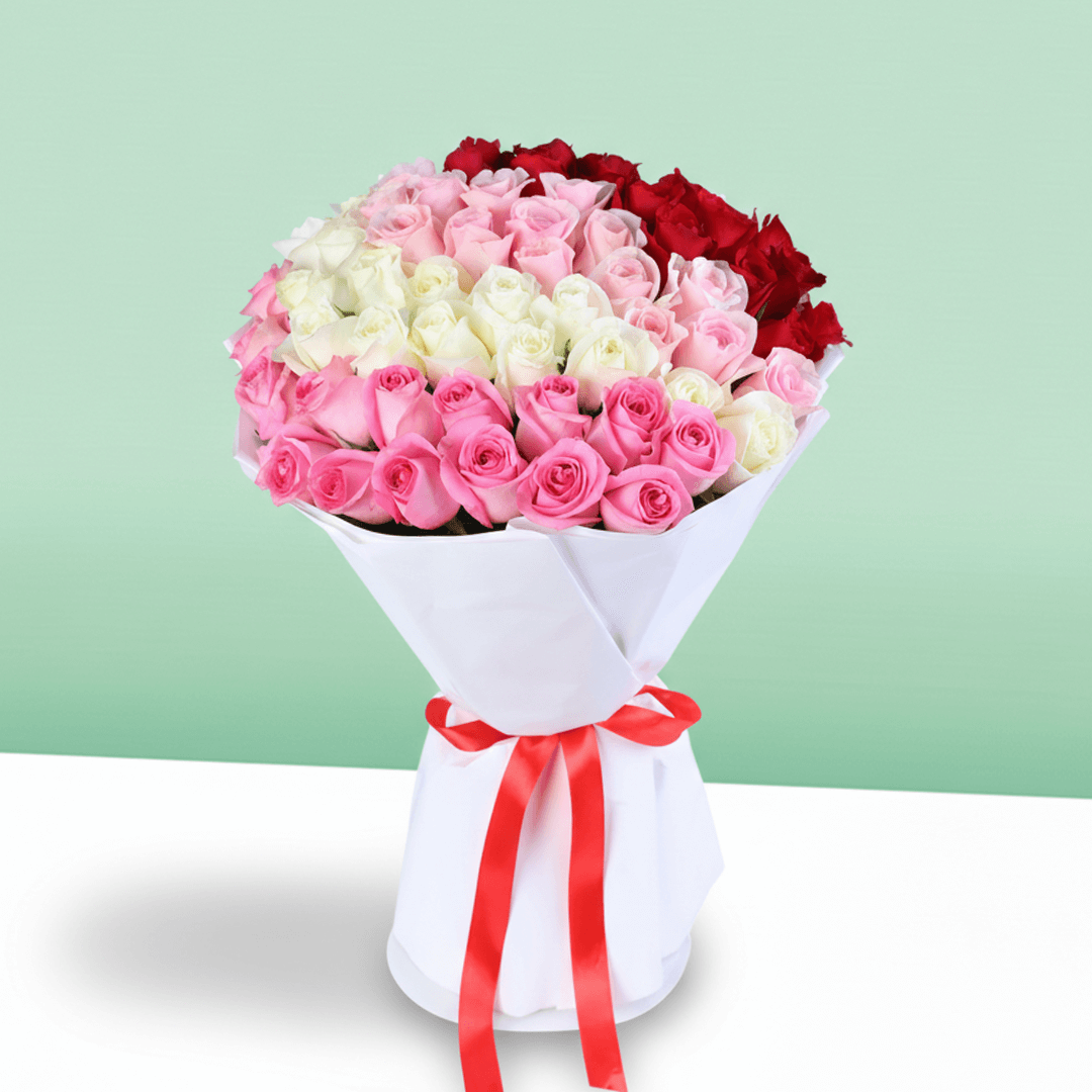 Love Mixed Roses Bouquet arranged with red, pink and white mixed roses